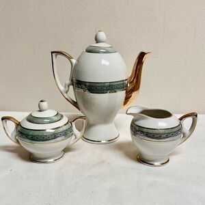 Art Deco White and Aqua Green Porcelain Coffee Set with 24k Gold Accents-Bavaria